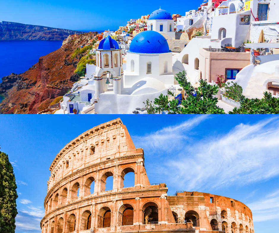 Top image shows white buildings with blue domes on a hillside overlooking the sea in Santorini, Greece. Bottom image shows the Roman Colosseum in Rome, Italy under a blue sky.