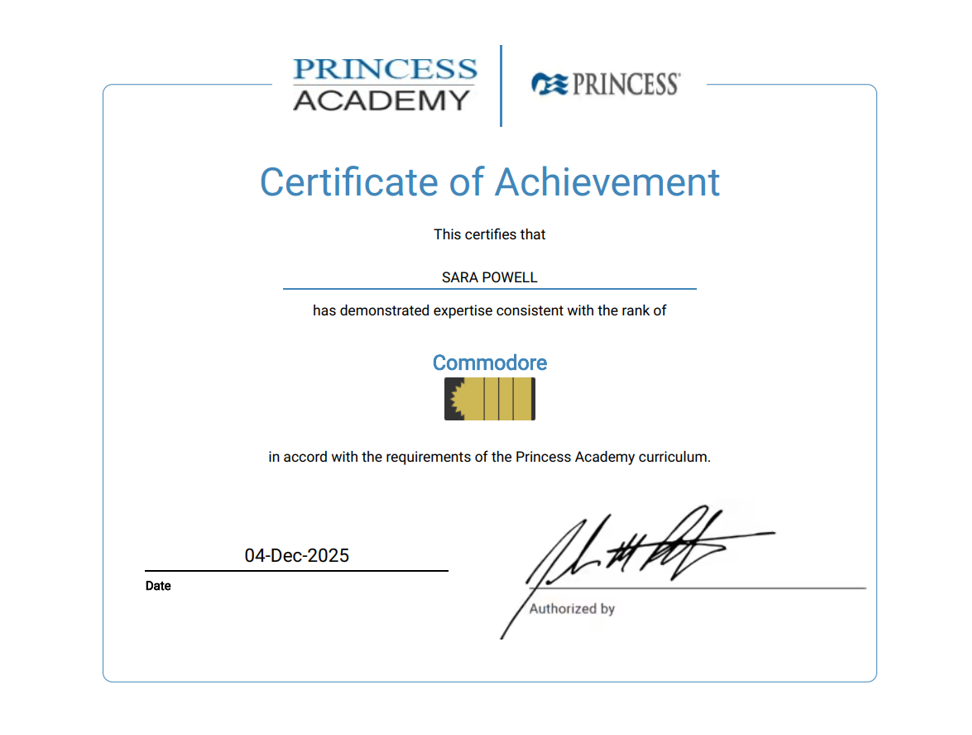Certificate of Achievement from Princess Academy awarded to Sara Powell for mastery of Commodore skills, signed and dated December 4, 2025.