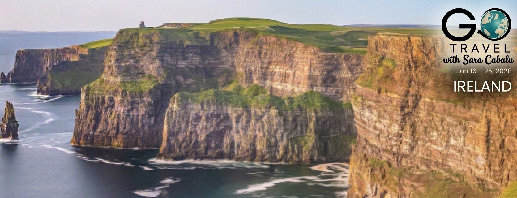Dramatic green sea cliffs of the Cliffs of Moher along the Atlantic coast in County Clare, Ireland