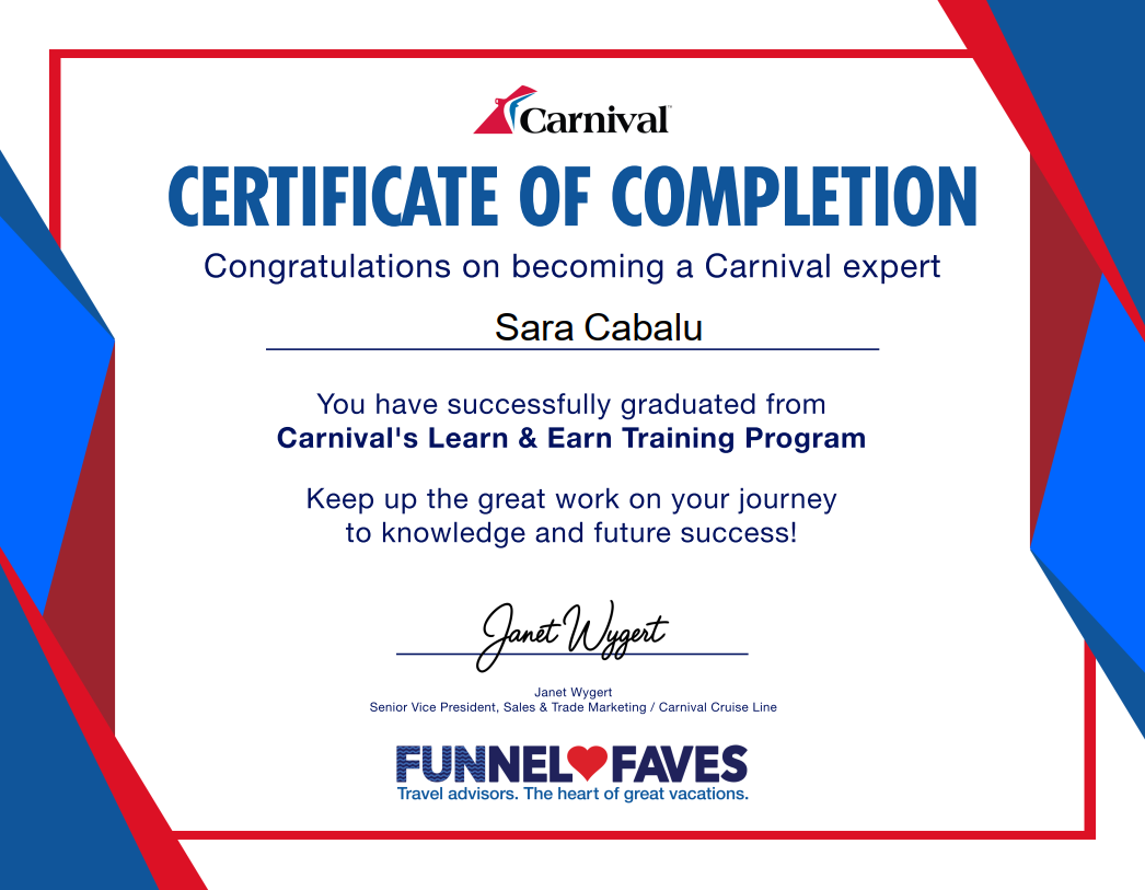 Carnival Certificate of Completion awarded to Sara Cabalu for completing Carnival's Learn & Earn Training Program, signed by Janet Wygert, with carnival and travel branding.