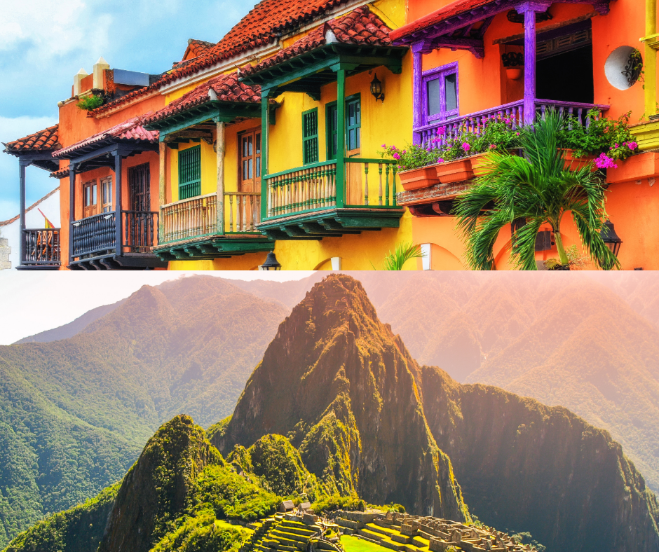 Colorful houses with flower-filled balconies in front of lush green mountains.