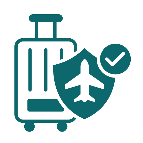 Luggage with a travel safety shield icon featuring an airplane and a checkmark.