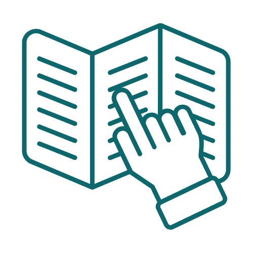 Line drawing of a hand turning a page in a brochure or booklet.