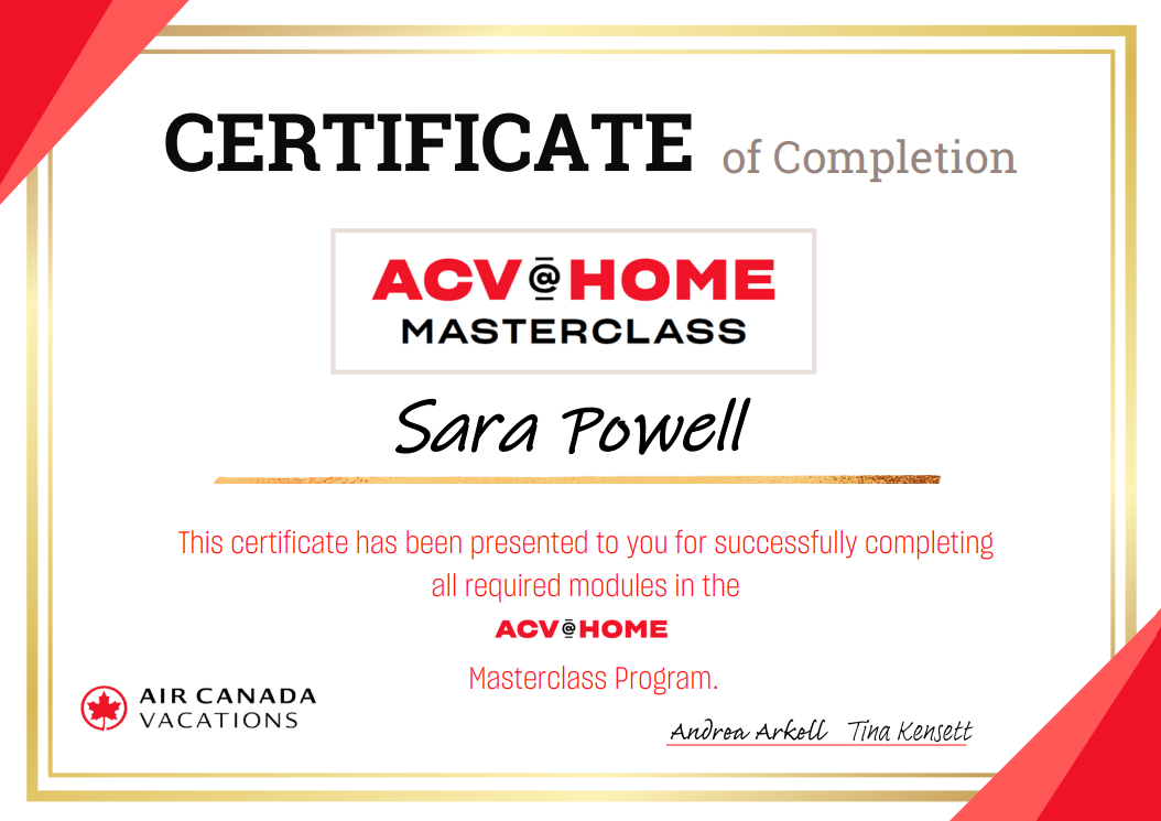 Certificate of completion for ACV@Home Masterclass awarded to Sara Powell, with Air Canada Vacations logo and signatures, featuring a beige and red border design.