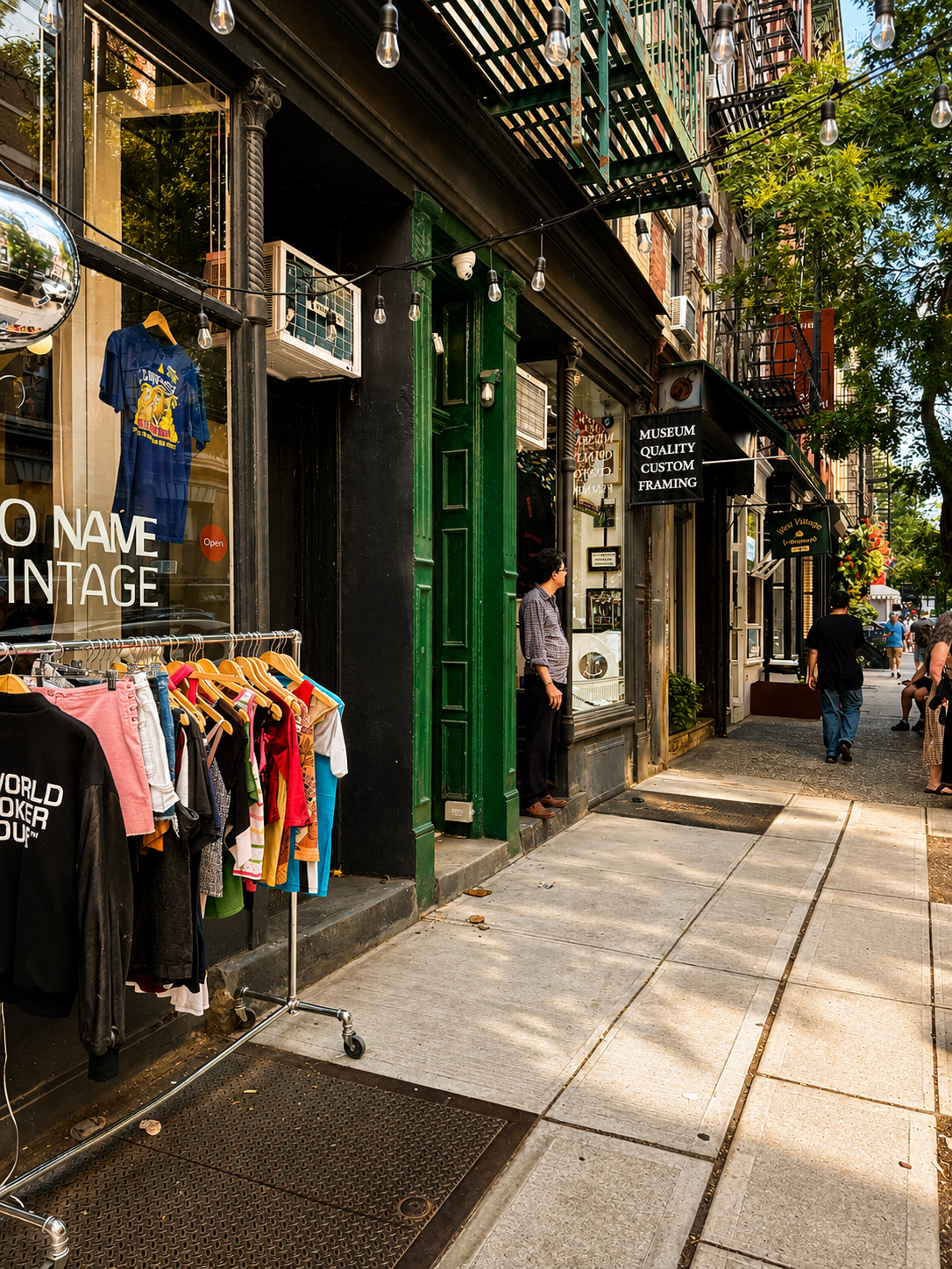 Boutique storefronts and shoppers along a tree-lined street in SoHo