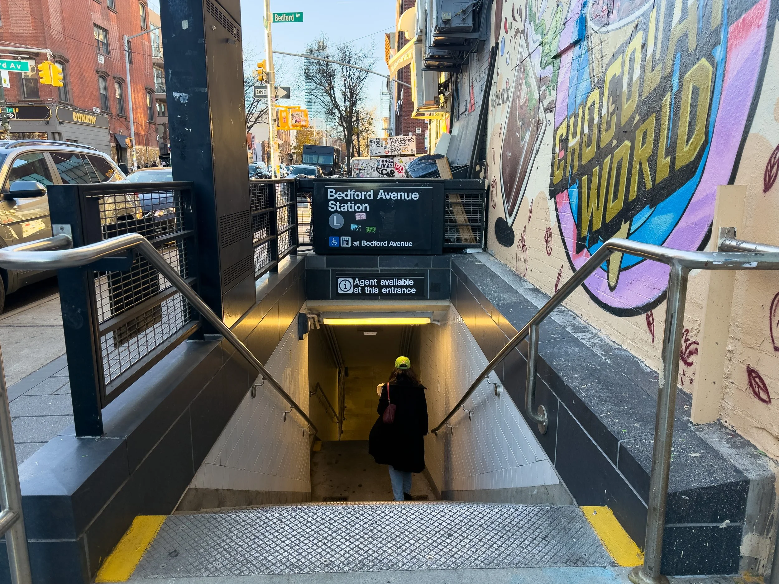 Entrance to the Bedford Avenue L subway station in Williamsburg, Brooklyn, NYC, highlighting convenient transit access and neighborhood connectivity.