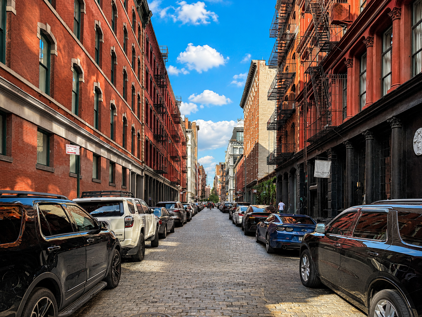 Historic cobblestone street lined with cast-iron buildings in SoHo, Manhattan