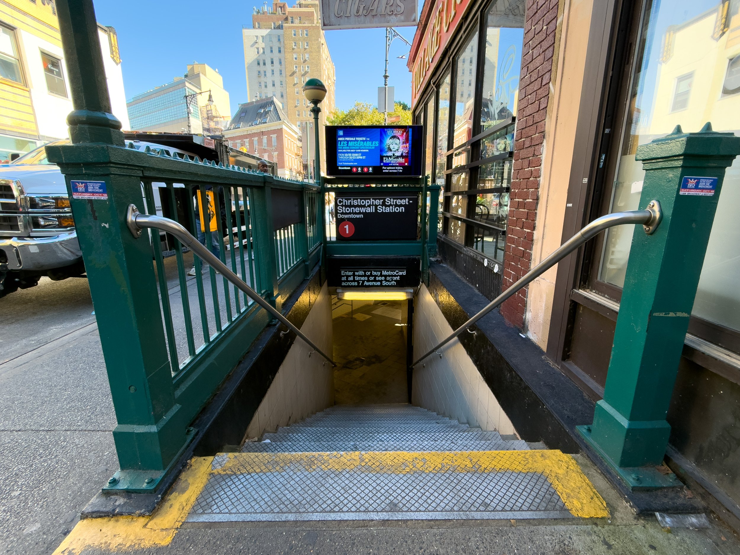 Entrance to the Christopher Street–Stonewall MTA subway station in the West Village, Manhattan, NYC, showing local transit access and neighborhood connectivity.