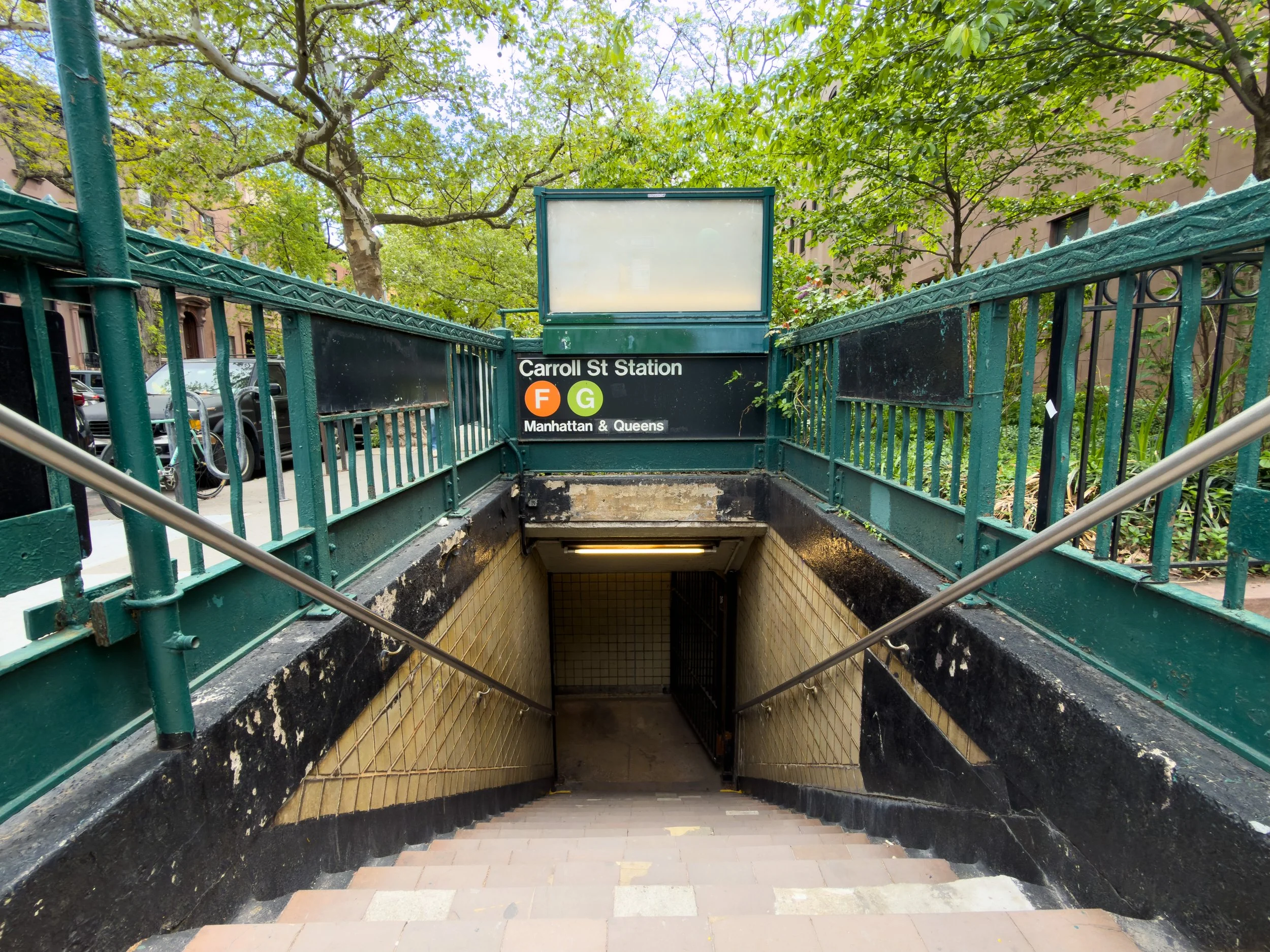 Carroll Street subway station serving the F and G trains in Gowanus, Brooklyn, NYC, providing local transit access within the neighborhood and surrounding Brooklyn areas.