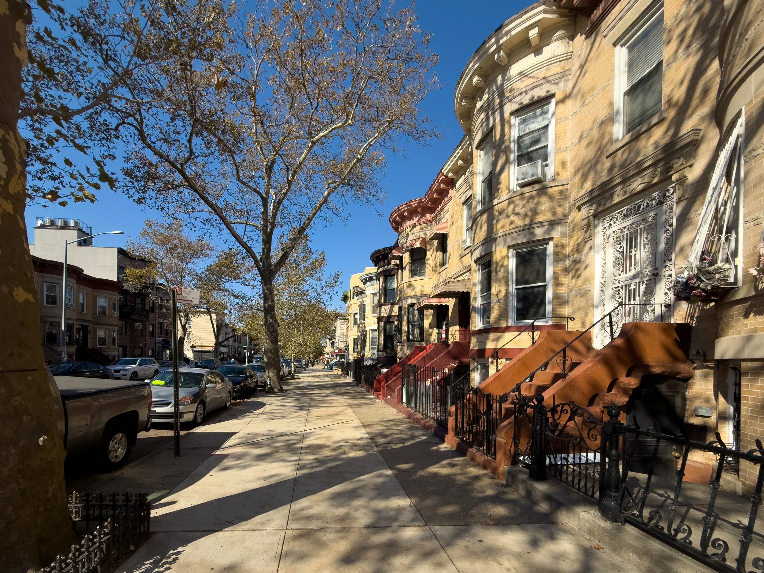Curved-bay brick rowhouses along a residential street in Bushwick, Brooklyn, NYC, illustrating the neighborhood’s historic streetscape and real estate character.
