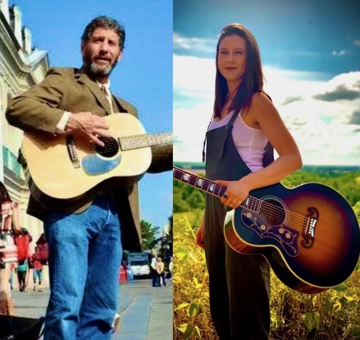 A split-screen portrait of musicians Cecil Abels and Alanna Mosley. Abels, on the left, plays an acoustic guitar on a city street. Mosley, on the right, holds a sunburst acoustic guitar in a sunlit field.