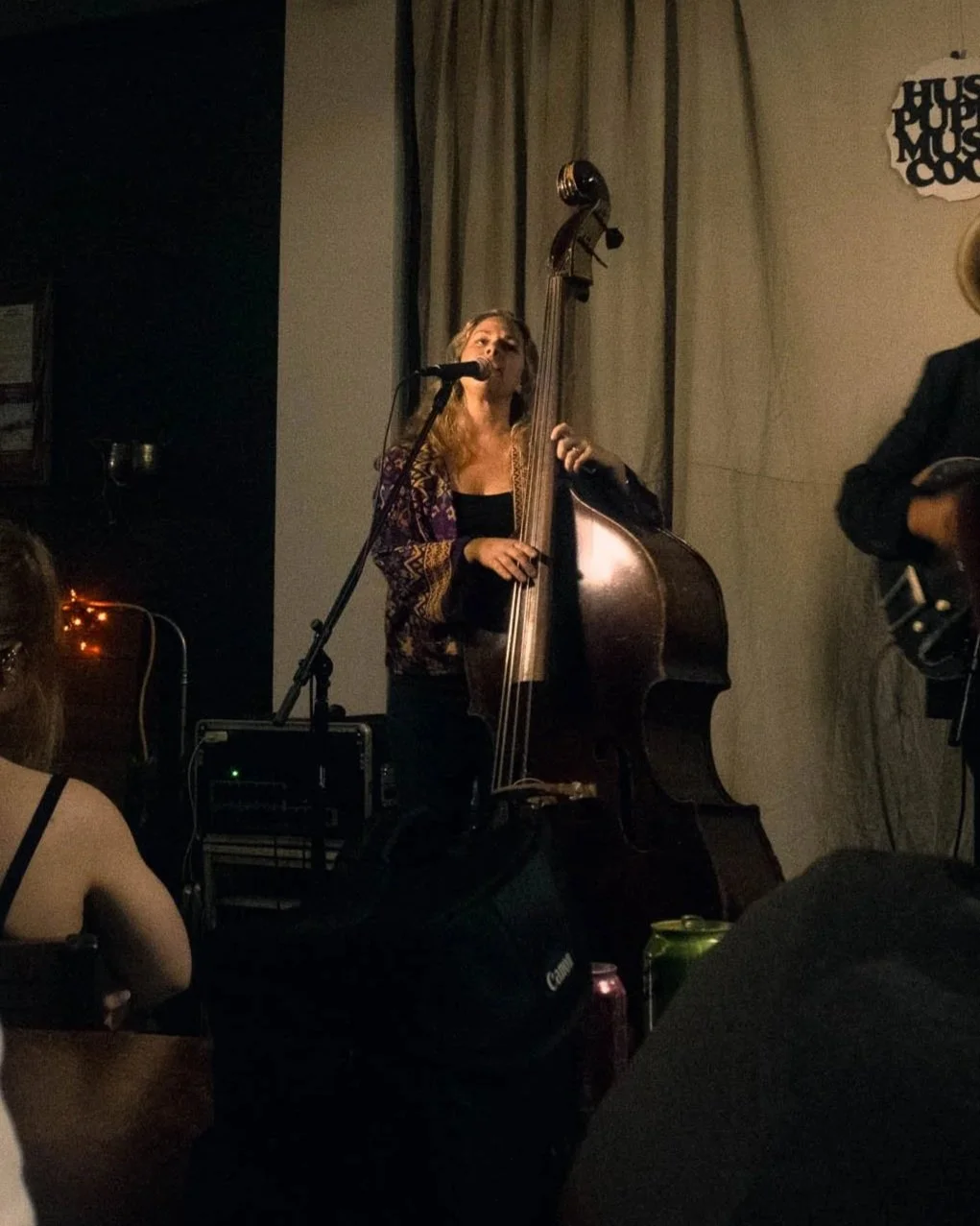 A woman singing into a microphone while playing a double bass on a dimly lit stage during a live music performance.