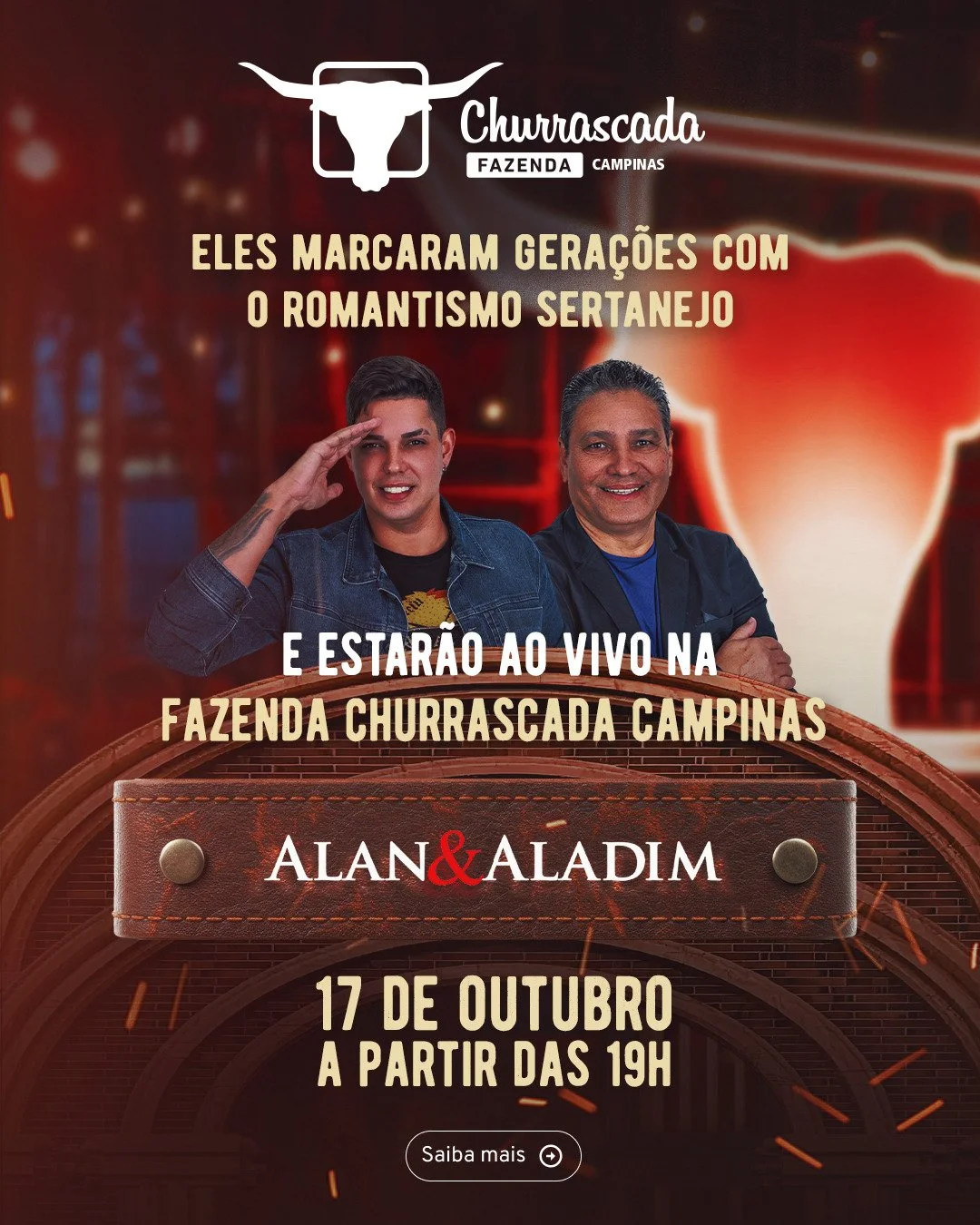 🎤 Uma noite para relembrar grandes cl&aacute;ssicos e encerrar o ano com chave de ouro!

Alan &amp; Aladim chegam &agrave; Fazenda Churrascada Campinas trazendo o romantismo sertanejo que marcou gera&ccedil;&otilde;es. ❤️✨

N&atilde;o perca o &uacut