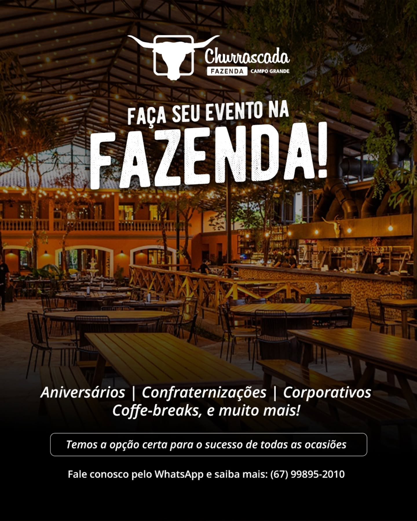 Reuni&otilde;es, palestras, anivers&aacute;rios ou confraterniza&ccedil;&otilde;es merecem um cen&aacute;rio &agrave; altura! 🤠

Aqui na Fazenda Churrascada, cada espa&ccedil;o foi pensado para transformar encontros em experi&ecirc;ncias marcantes.
