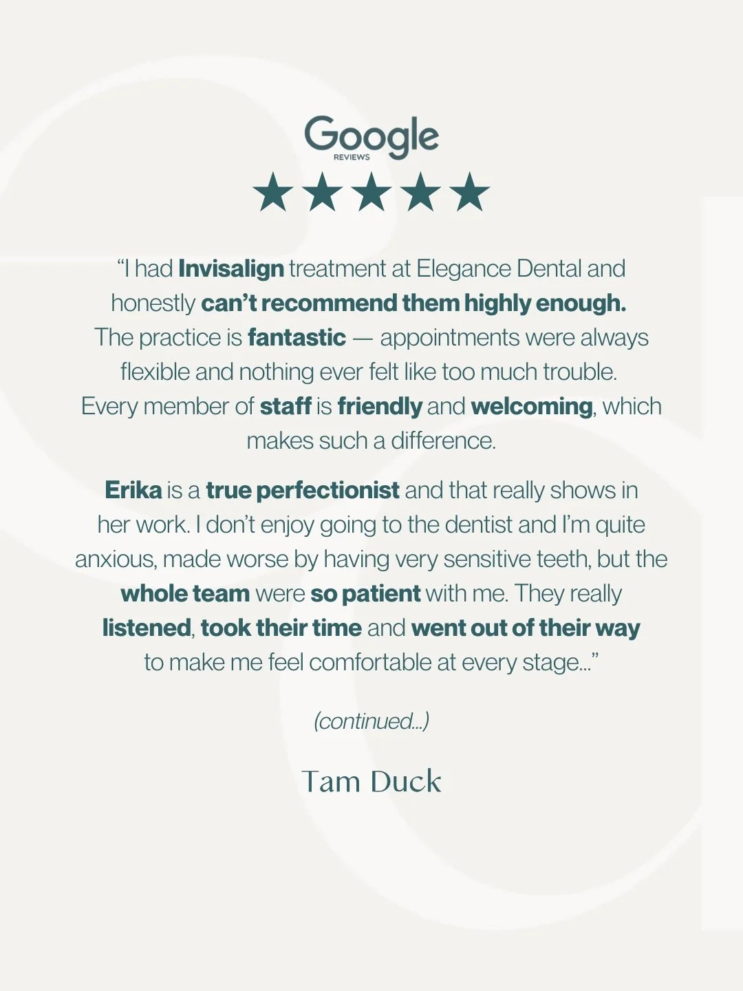 ⭐️⭐️⭐️⭐️⭐️

Thank you Tam for such an AMAZING review 🫶🏻 We loved being part of your Invisalign journey and helping create your dream smile! 

Are you are interested in Invisalign? Contact us:
✨ BOOK YOUR FREE VIRTUAL or IN-HOUSE CONSULTATION via th