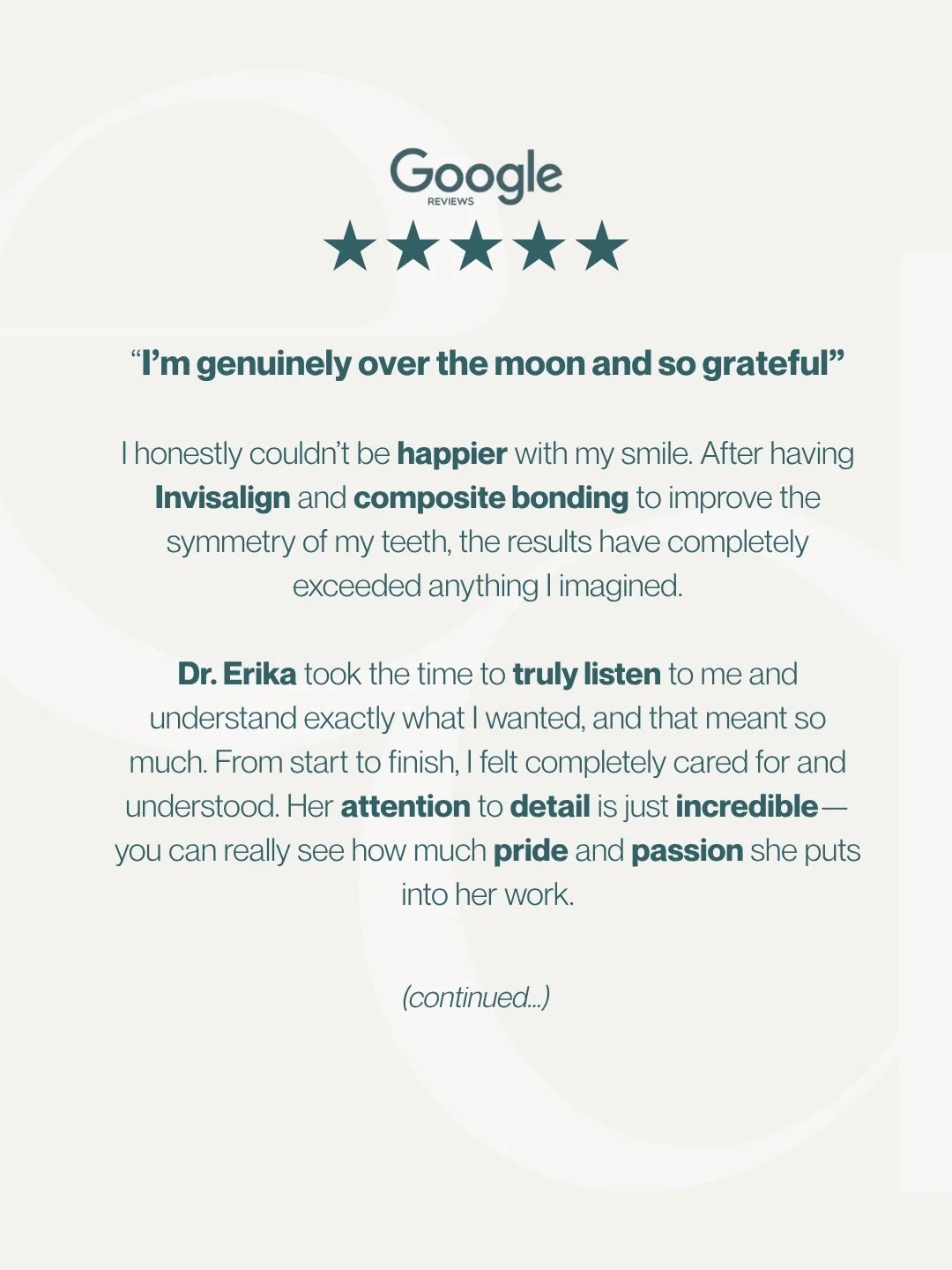 ⭐️⭐️⭐️⭐️⭐️

Thank you for such an AMAZING review 🫶🏻 We loved being part of your Invisalign and composite bonding journey and helping create your dream smile! 

Are you are interested in Invisalign? Contact us:
✨ BOOK YOUR FREE VIRTUAL or IN-HOUSE C