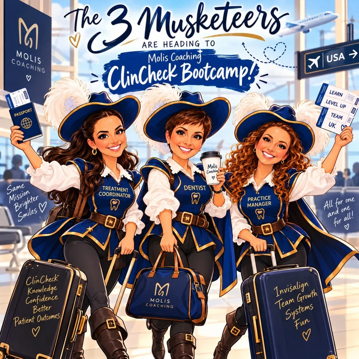 ⚔️ THE THREE MUSKETEERS ARE BACK! ⚔️

Three Musketeers. One Mission. CLINCHECK &amp; TEAMS BOOTCAMP! 🚀

The Elegance Dental Musketeers are heading to Molis Coaching ClinCheck &amp; Team Bootcamp in Chicago this December 4th! 🇬🇧✈️🇺🇸

Ready to lea