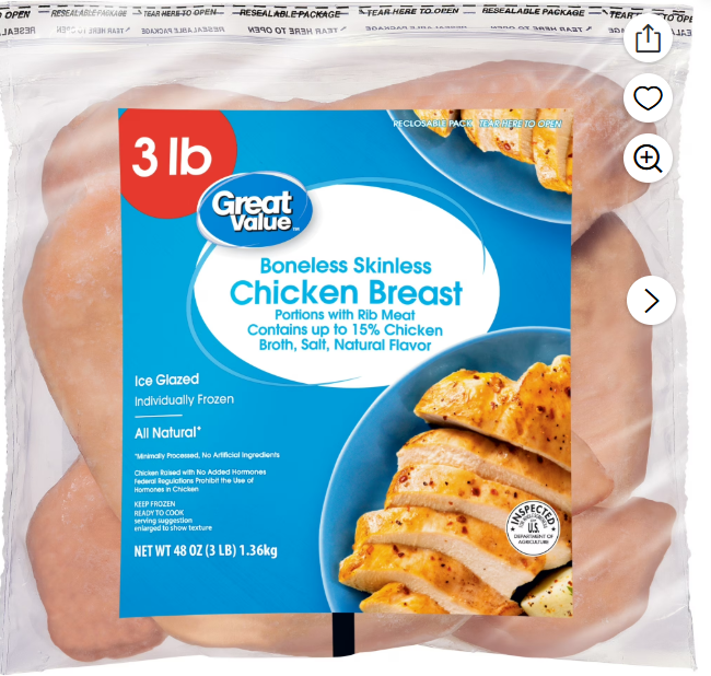 Great Value All Natural Boneless Skinless Chicken Breasts, 3 lb (Frozen)