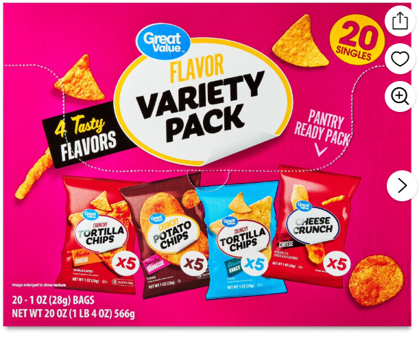 Great Value Flavor Variety Chip Pack, 20 Count, 1 oz