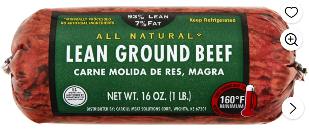 93% Lean / 7% Fat Lean Ground Beef, 1 lb Roll, Fresh, All Natural*