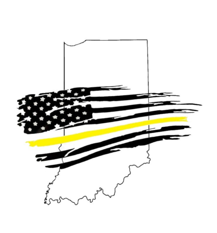 Outline map of Indiana with a stylized American flag overlay, featuring black and white stripes and stars, and a yellow stripe.