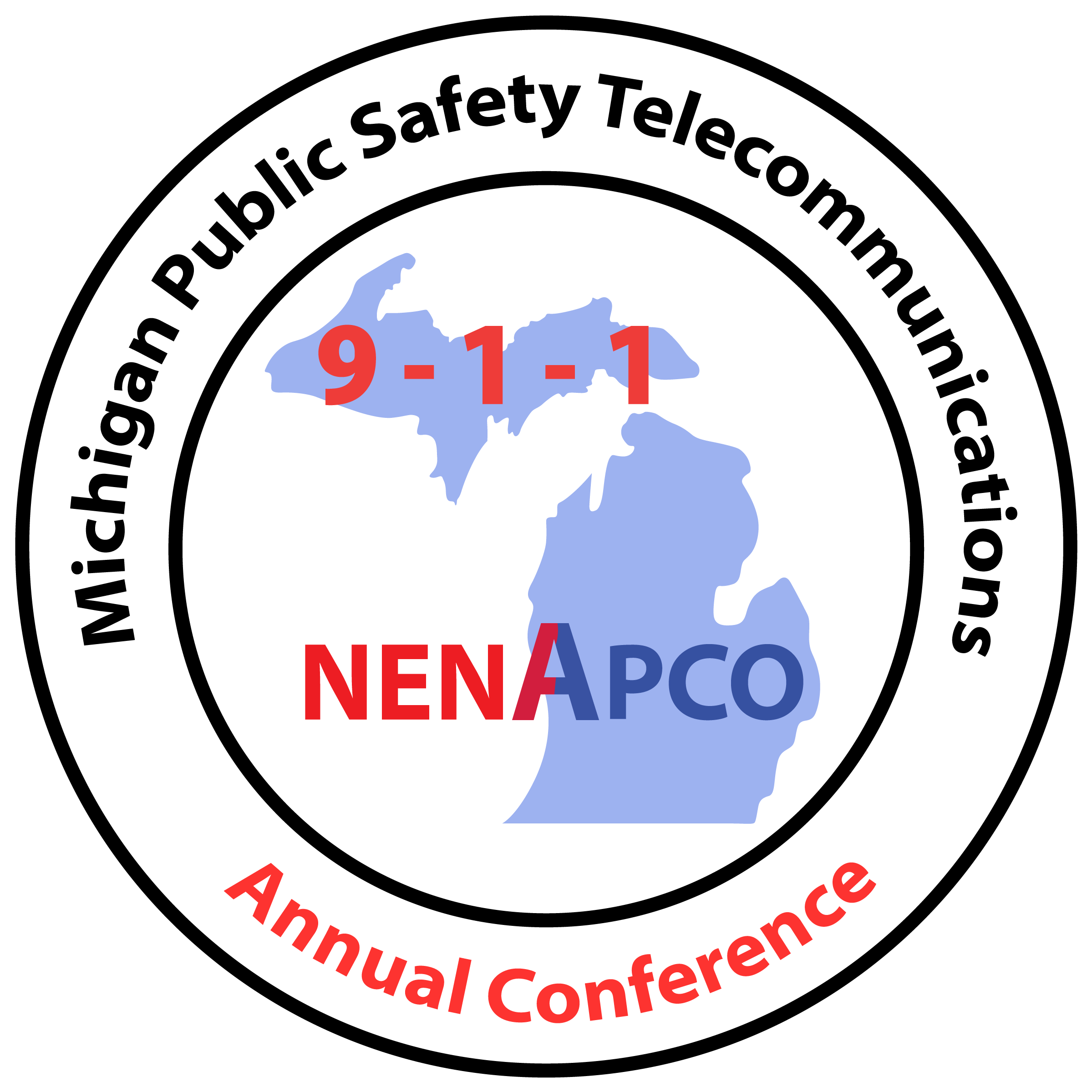 Logo for the Michigan Public Safety Telecommunications Annual Conference, featuring a map of Michigan with the numbers 9-1-1, and the text NENA APCO across the center.