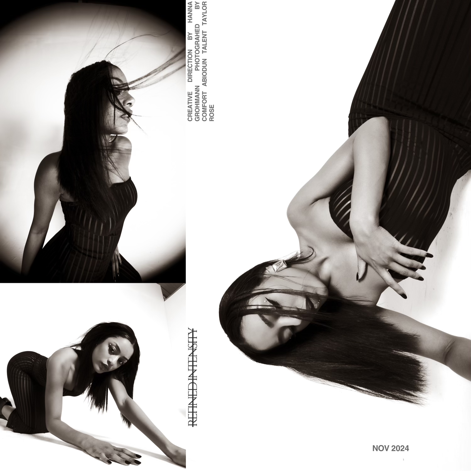 Black and white collage of three images of a woman with long dark hair and dark makeup, wearing a striped dress. The woman is in different poses: standing with wind-blown hair, crawling on her hands and knees, and lying on her side with her hand on h
