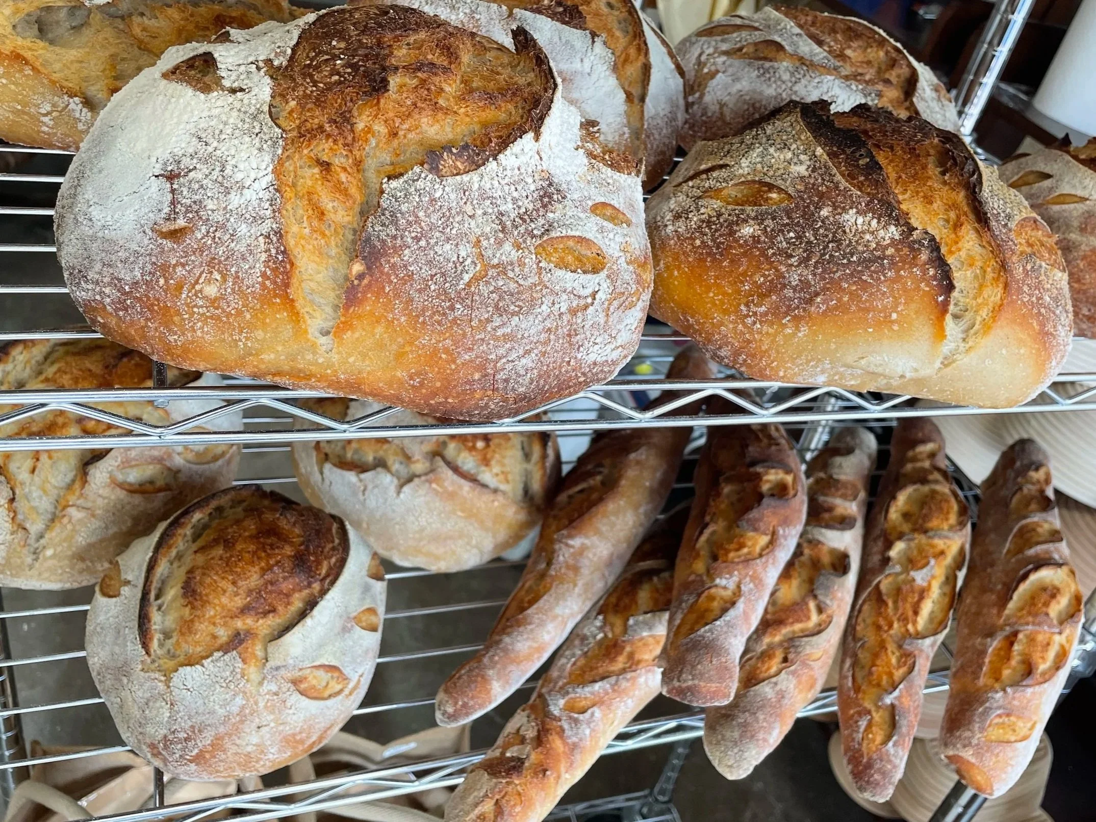 Close-up of several baked bread loaves with golden crusts and dusted with flour, resting on a metal rack.