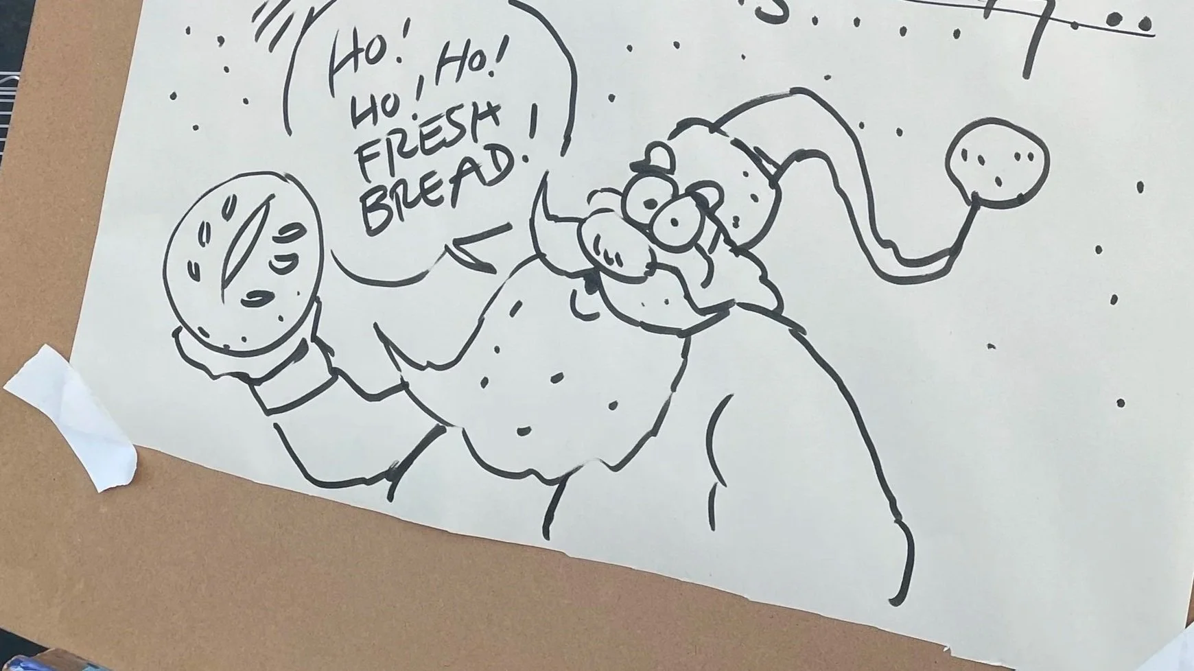 Hand-drawn cartoon of a chef holding a clock and a plate with a pie. The chef is saying, 'Ho! Ho! Ho! Fiesta Bread!'