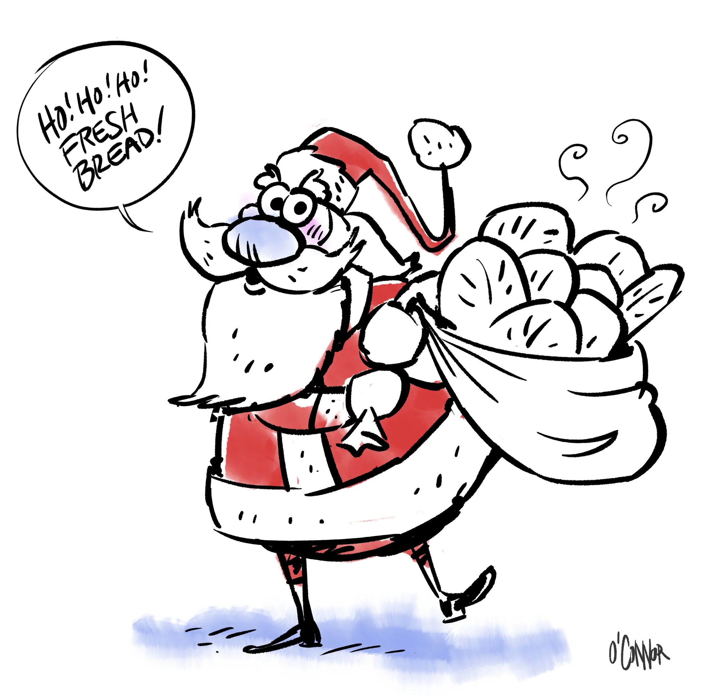 Cartoon of Santa Claus skating on ice while shouting "Ho! Ho! Ho! Fresh Bread!"