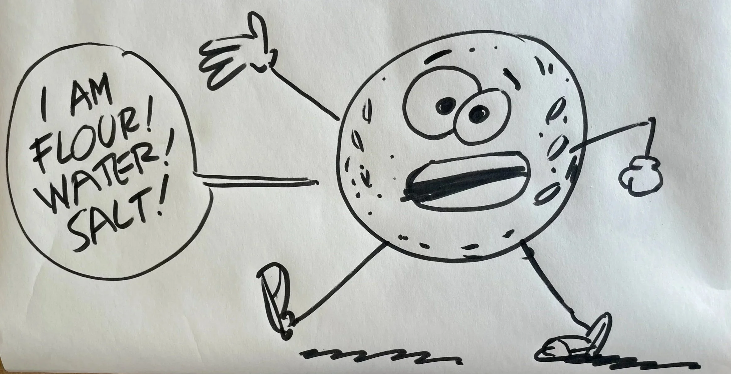 A cartoon drawing of an anthropomorphic doughnut with arms and legs, holding a spoon and a spoonful of salt. The doughnut has an expressive face and appears to be shouting, with a speech bubble saying, "I AM FLOUR! WATER! SALT!"
