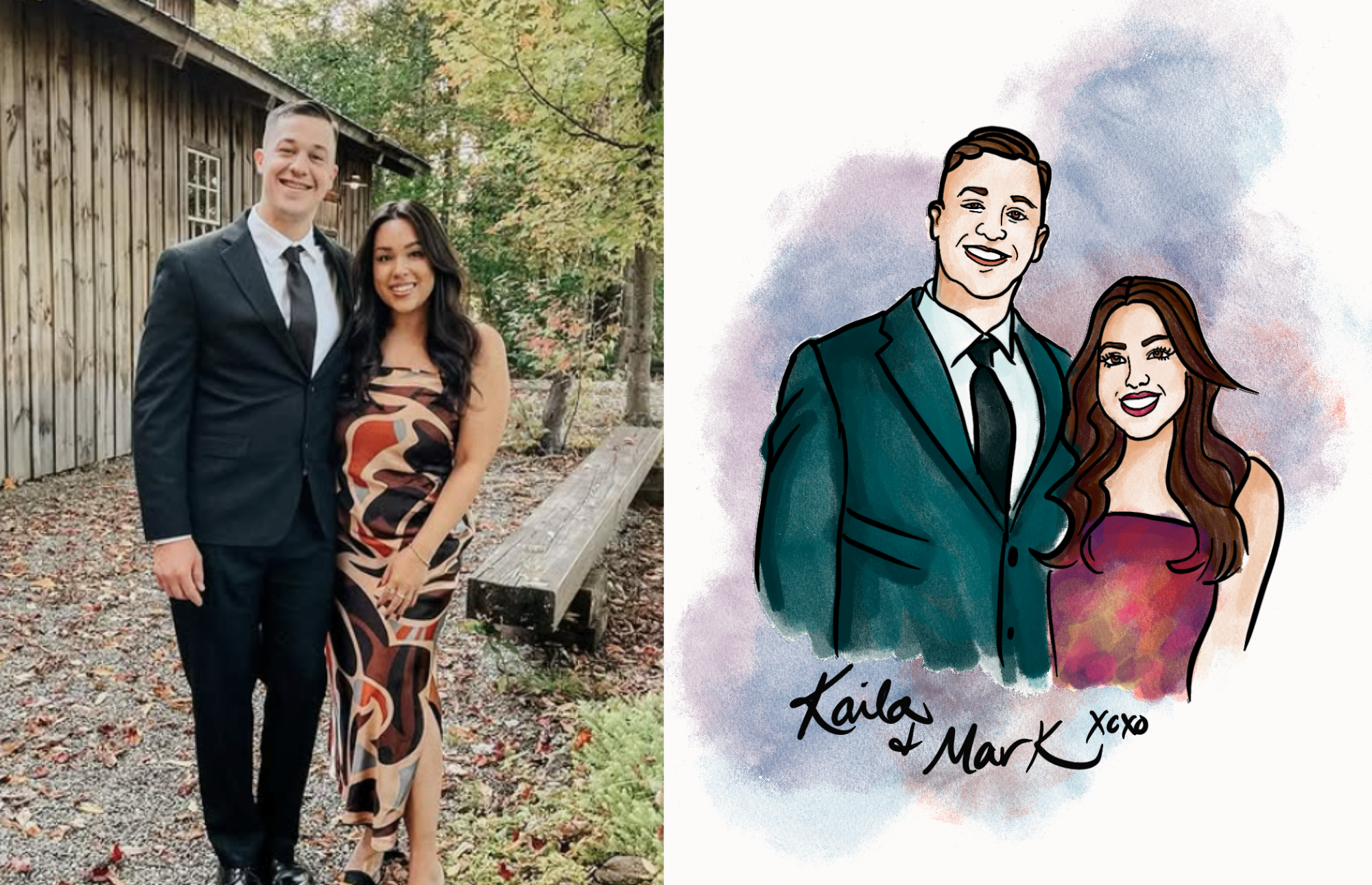A man in a black suit and a woman in a colorful dress standing outdoors near a wooden building and trees, next to a digital illustration of the same couple with the names 'Kaila & Mark' written below.