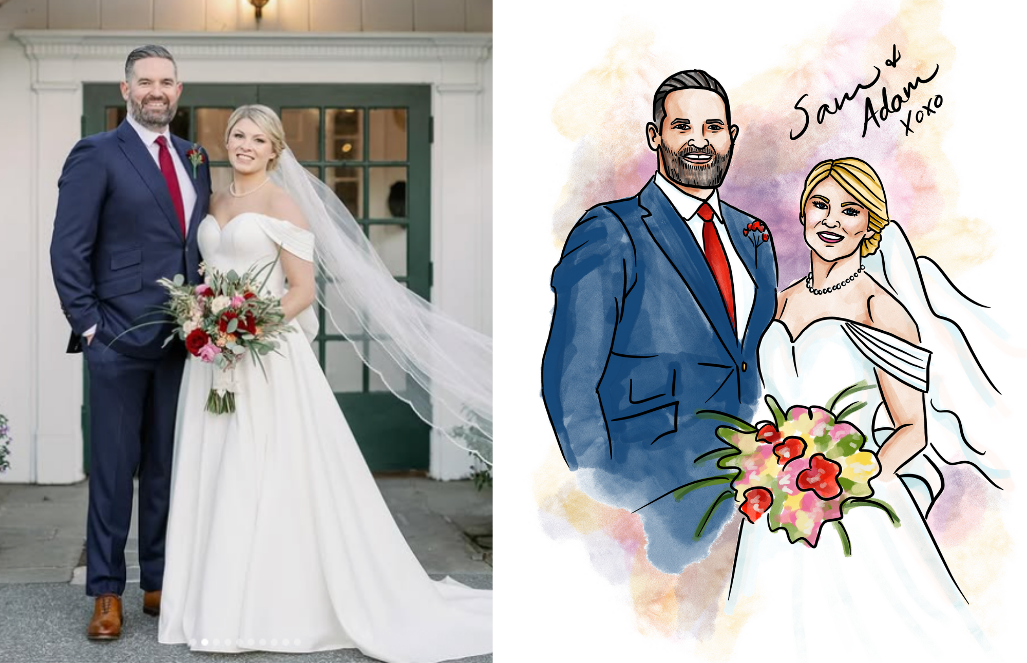 Couple on their wedding day in an illustration style