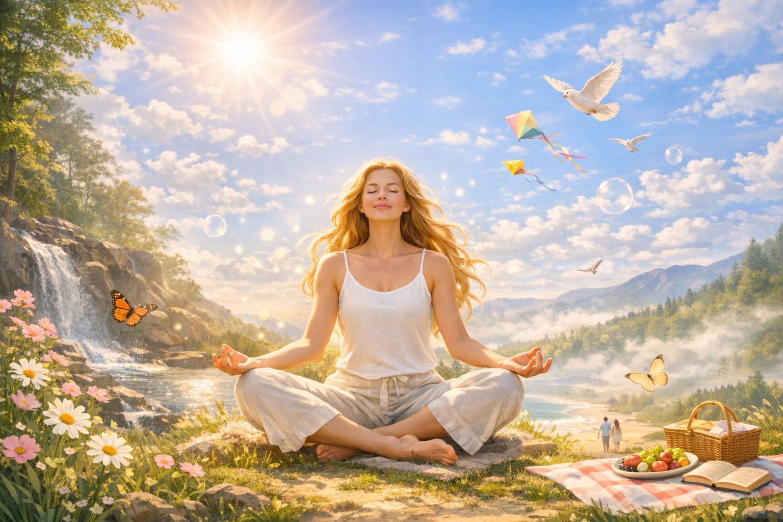A young woman with long blonde hair meditating in a serene outdoor setting. She is sitting cross-legged on a blanket beside a river, surrounded by pink and white flowers. The sky is bright with the sun shining and white clouds. Birds, butterflies, and kites are flying in the sky. Picnic items, including a basket, a plate of apples and grapes, an open book, and a checkered cloth, are nearby.