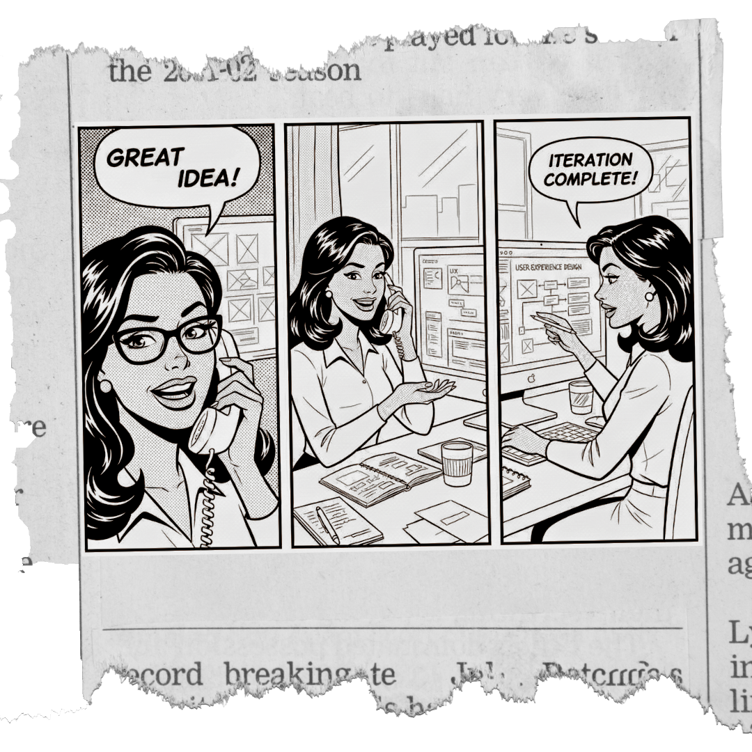Black and white comic strip of Kylie McFerrin performing UX work on the computer and phone.