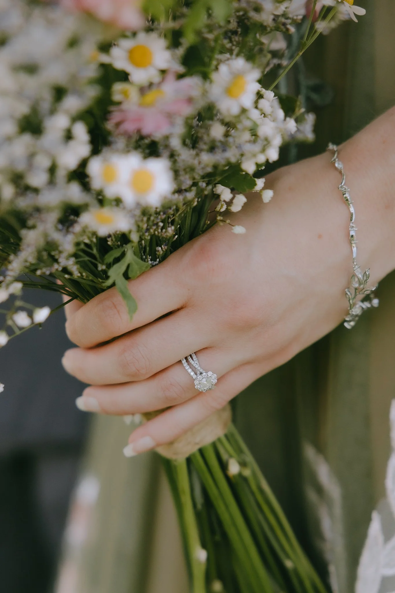 close up of wedding bouquet and bride's wedding ring