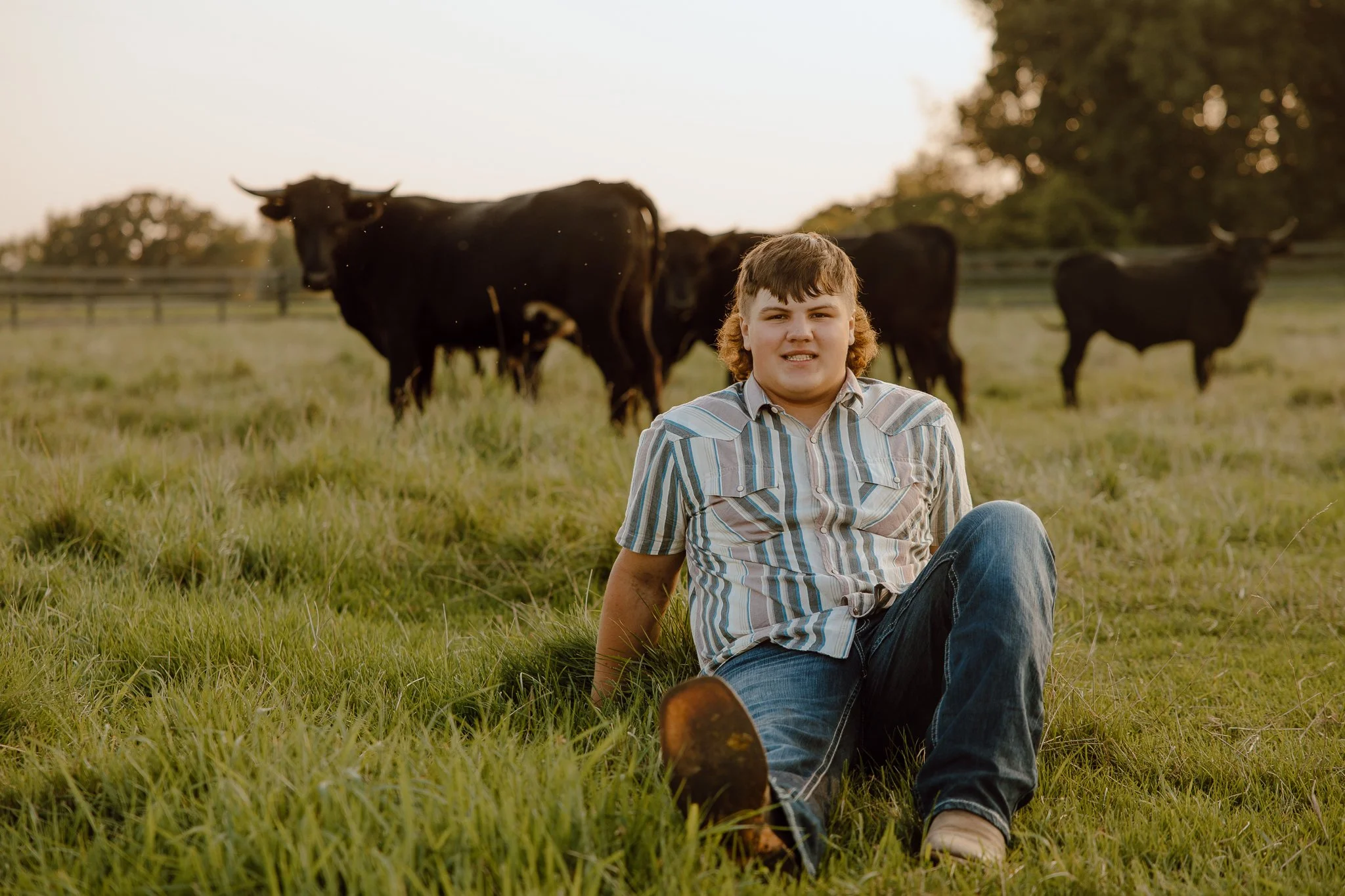 A young man with brown hair, wearing a striped shirt and jeans, sitting on grass in a field with cows in the background.