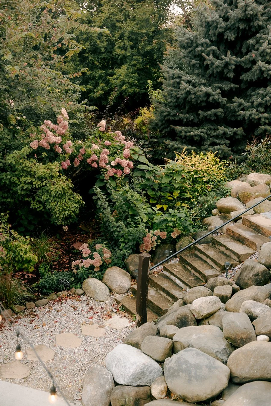 Stone pathway and stairs bordered by rocks, leading into a lush garden with green foliage, pink flowers, and a large evergreen tree.