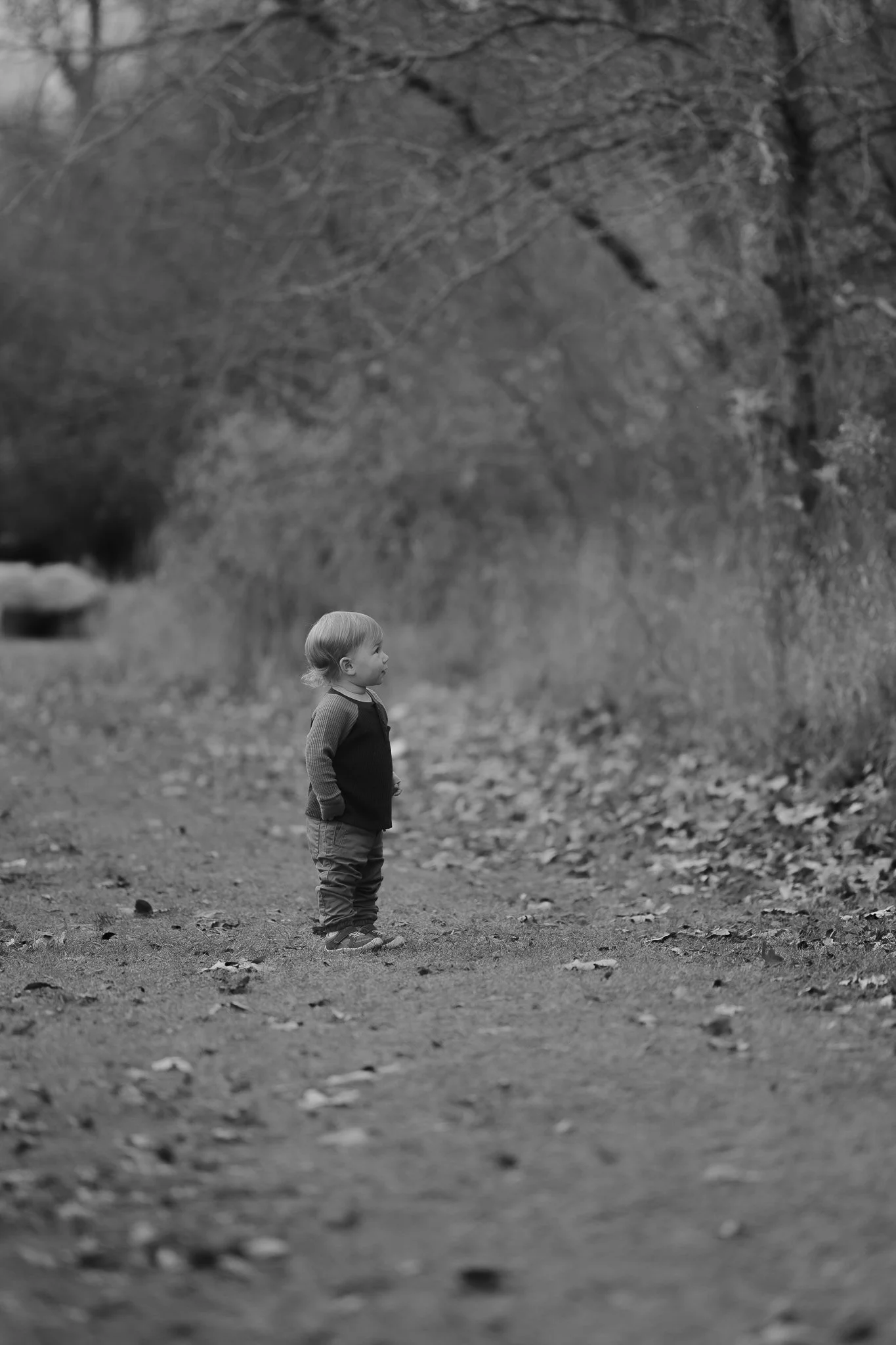 A young child, wearing a long-sleeve shirt and pants, stands alone on a dirt path in a wooded area, looking to the side. The scene is in black and white.