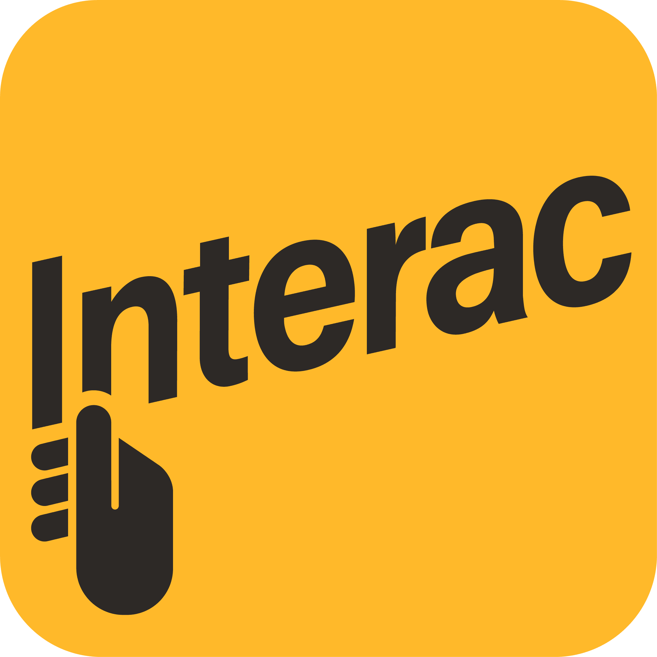The Interac logo, featuring bold black text on a yellow background with a hand pressing a button, conveying payment service.