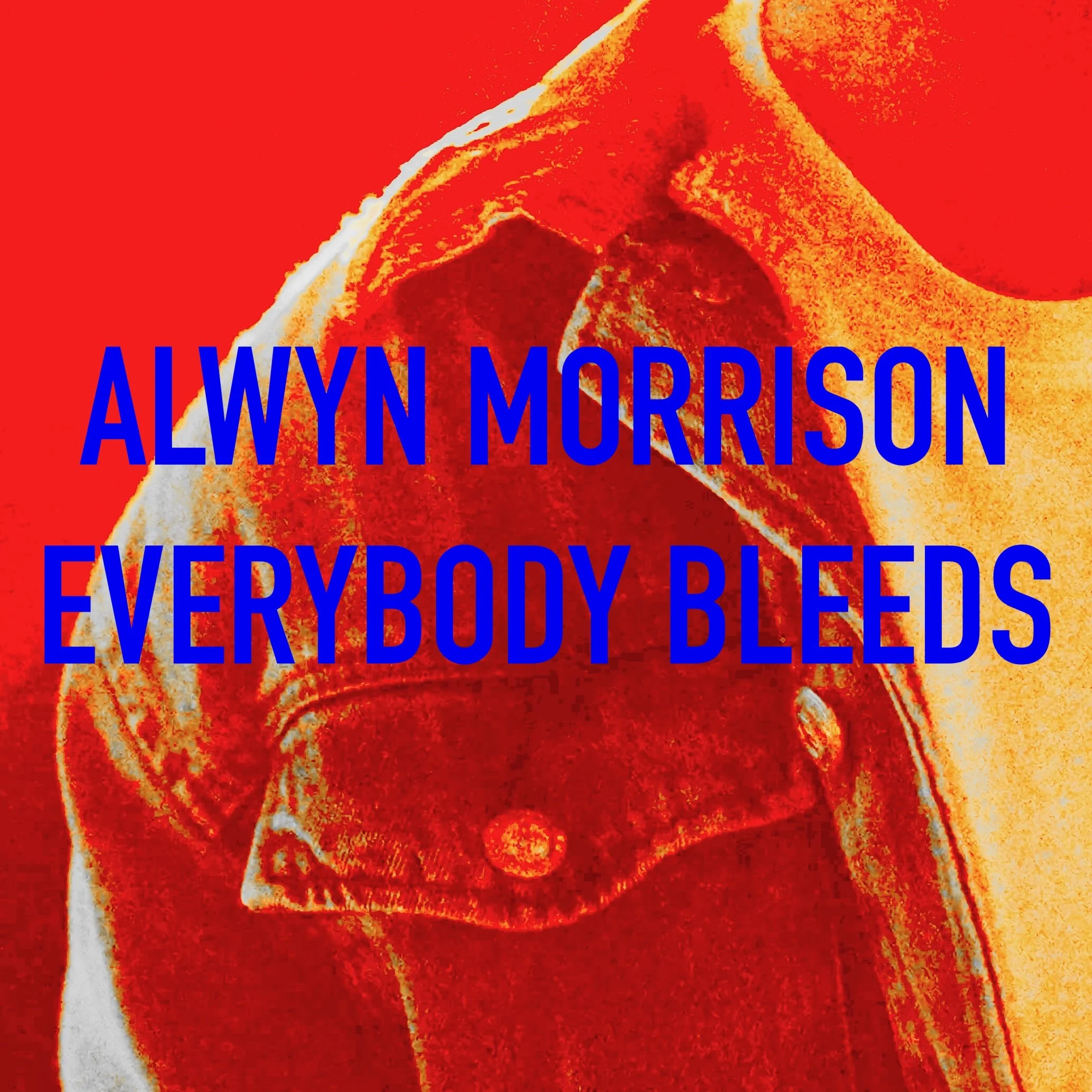 Close-up of Alwyn Morrison wearing a denim jacket with bold blue text reading "Everybody Bleeds" over a red and yellow stylized background.