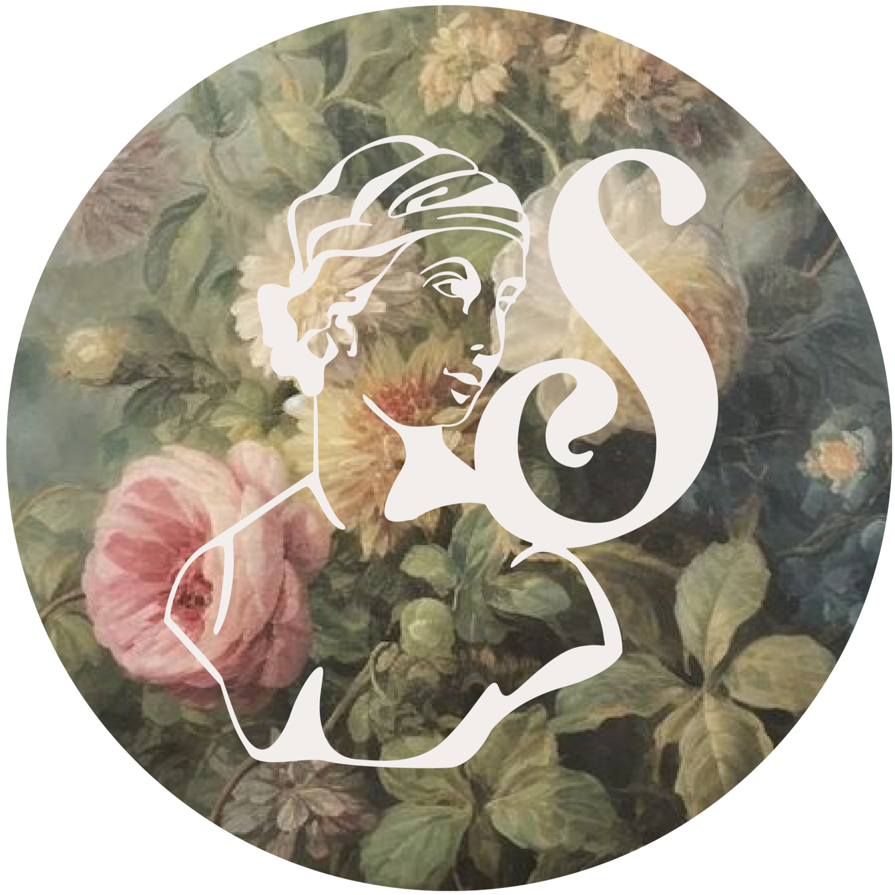 A circular image featuring a vintage floral background with large pink and yellow flowers and green leaves. Overlayed is a white line art illustration of a woman's profile, with a large stylized letter 'S' partially overlapping her face.