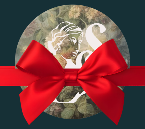 Swoon's Logo: A circular gift box with a vintage floral background featuring a white outline of a woman, decorated with a large red satin ribbon and bow.