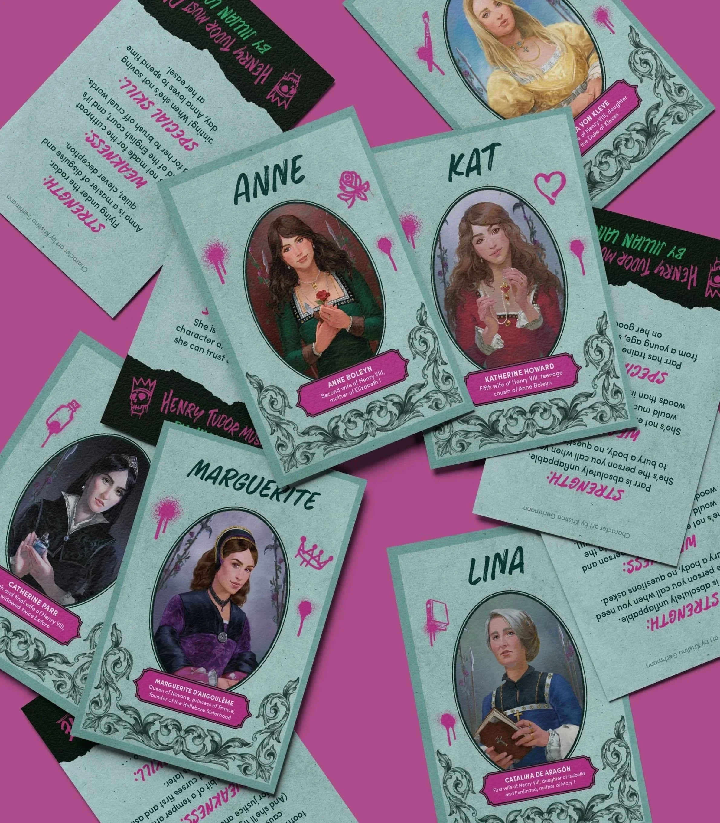 Designed custom trading cards for the title Henry Tudor Must Die • Character illustrations by Kristina Gehrmann