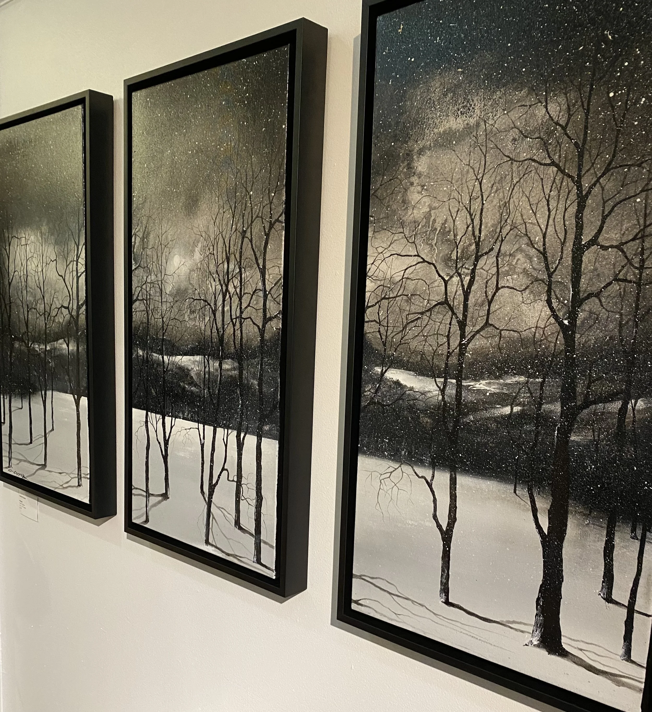 Three framed paintings depicting a snowy winter landscape with leafless trees and a starry night sky, aligned on an interior wall.