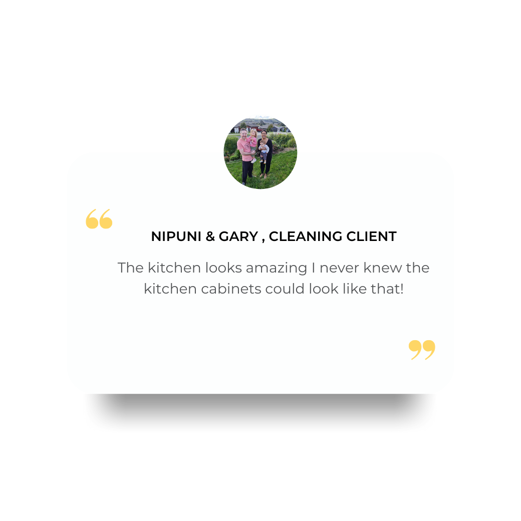 Testimonial graphic with a photo of a family, a quote about kitchen cabinet cleaning, and the names Nipuni & Gary, Cleaning Client. elevate cleaning.