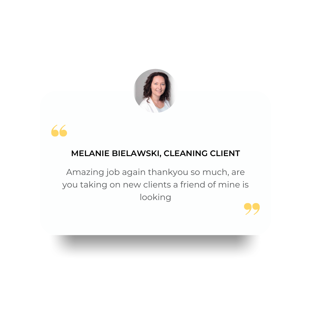 Testimonial graphic with a photo of Melanie Bielawski, a cleaning client, smiling. Includes a quote from her praising the cleaning service, in black, white, and yellow colors. Elevate cleaning.