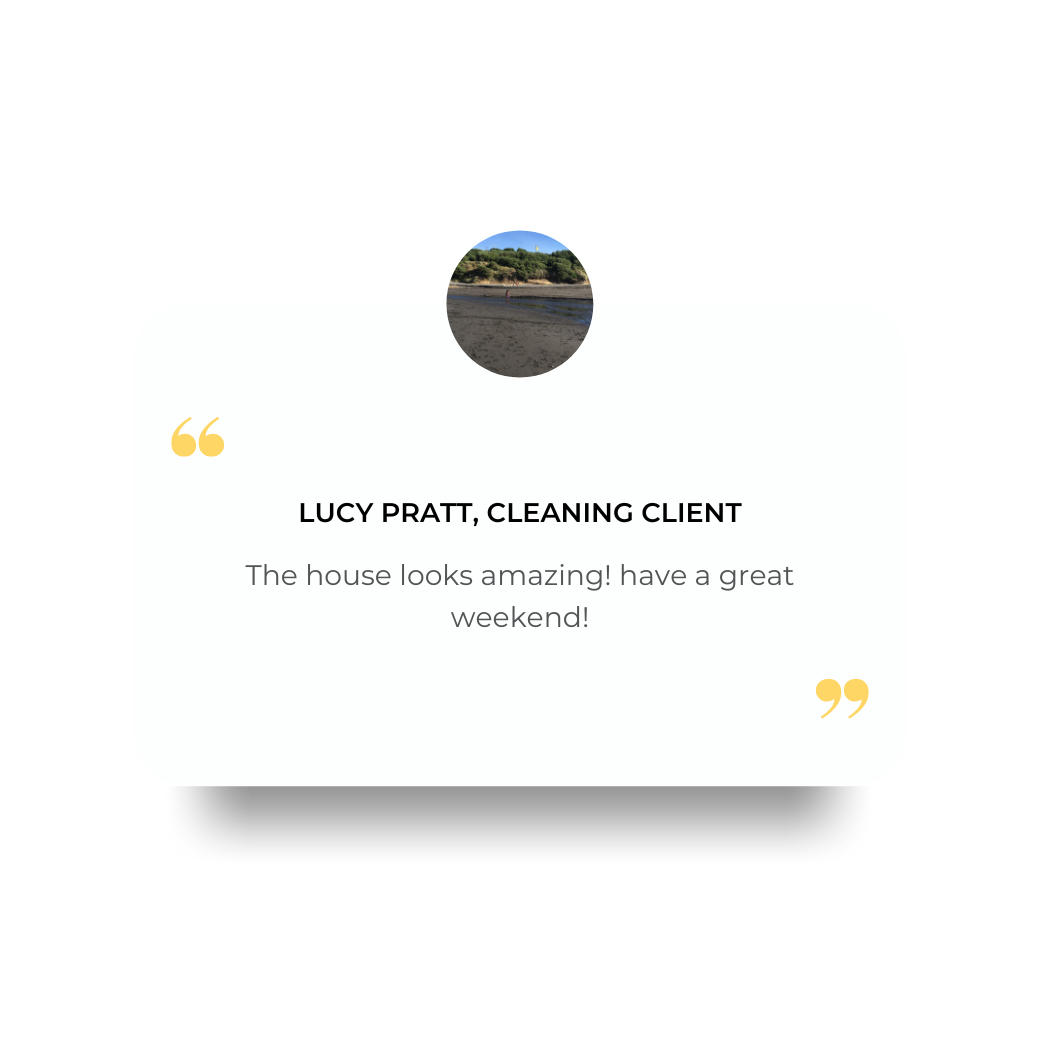 Quote graphic with a circular photo of a beach with trees in the background at the top center. Text reads: 'LUCY PRATT, CLEANING CLIENT. The house looks amazing! have a great weekend!' Elevate cleaning.