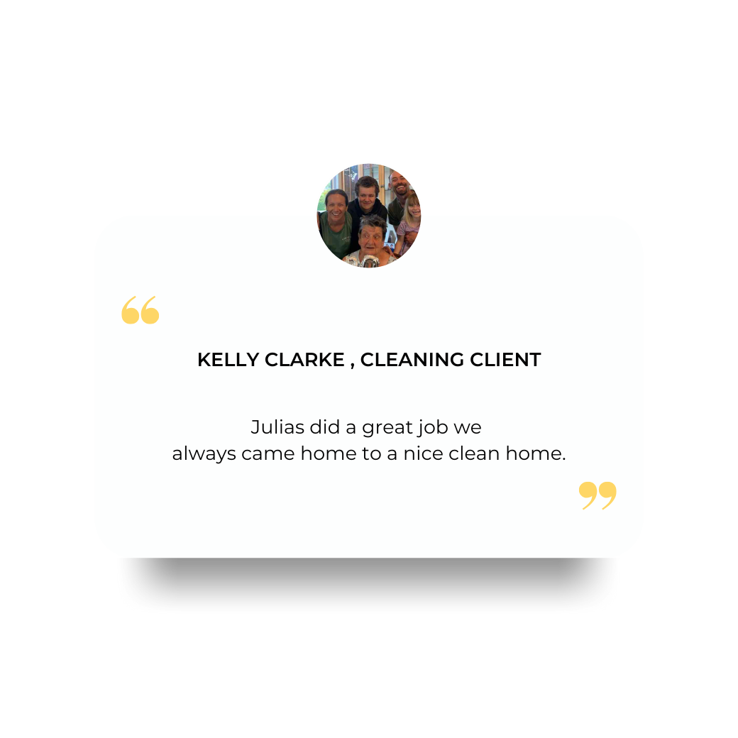 Customer testimonial with a photo of five people and text praising Julia and elevate cleaning for their cleaning services.