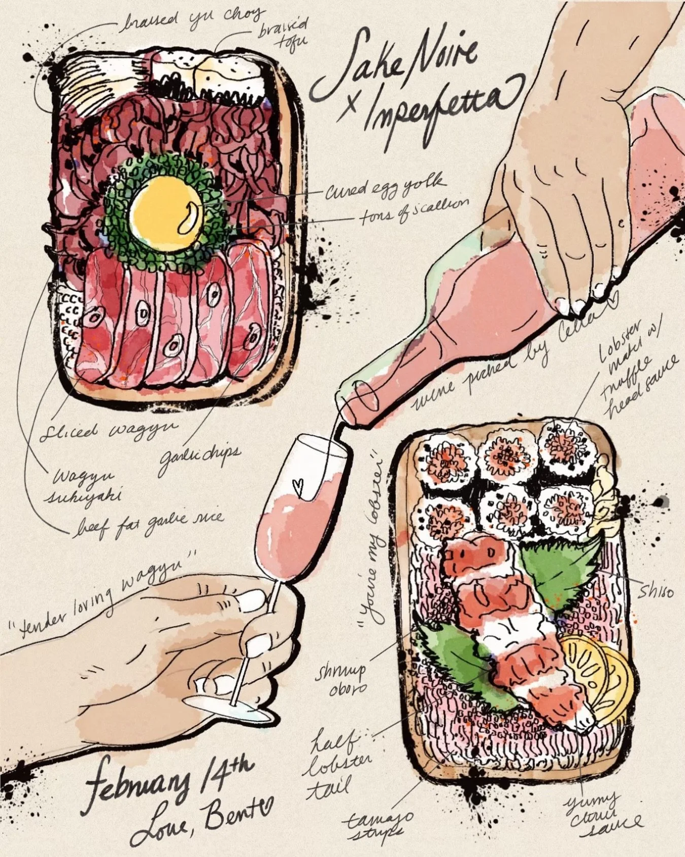 love, bento 💌
A Valentine&rsquo;s love letter from our bento to you.

On Saturday 2/14, Sake Noire is partnering with Imperfetta @imperfetta_seattle and offering a luxury surf &amp; turf Bento for Two that&rsquo;s designed to be taken home and enjoy